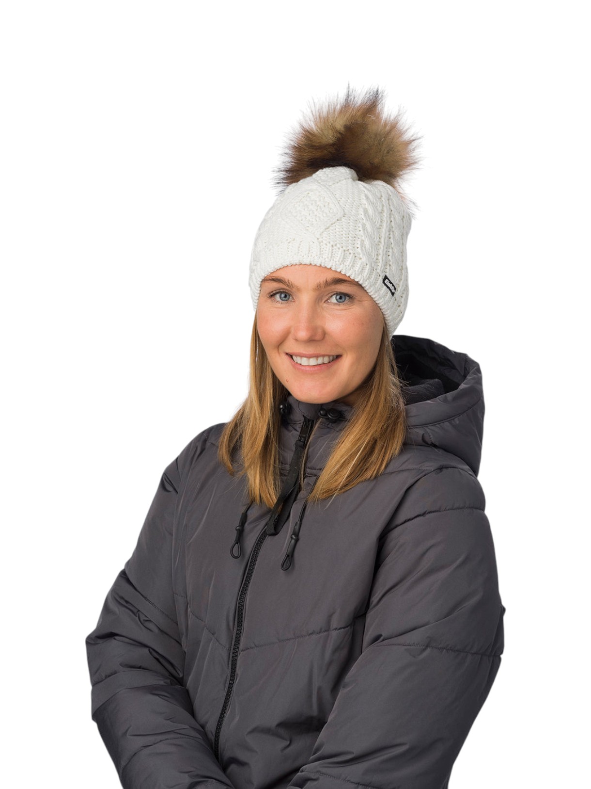 Nelia Lux Strick Mütze mit Kunstfell Bommel und Merino 3