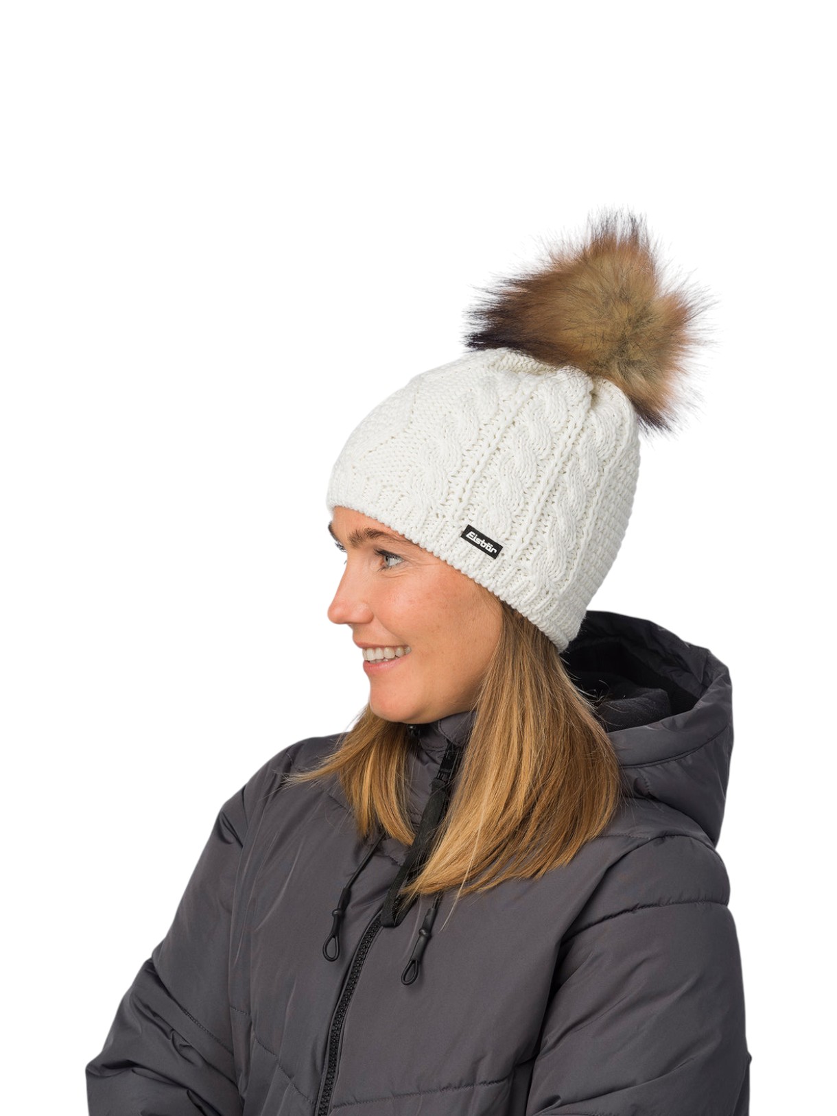 Nelia Lux Strick Mütze mit Kunstfell Bommel und Merino 4